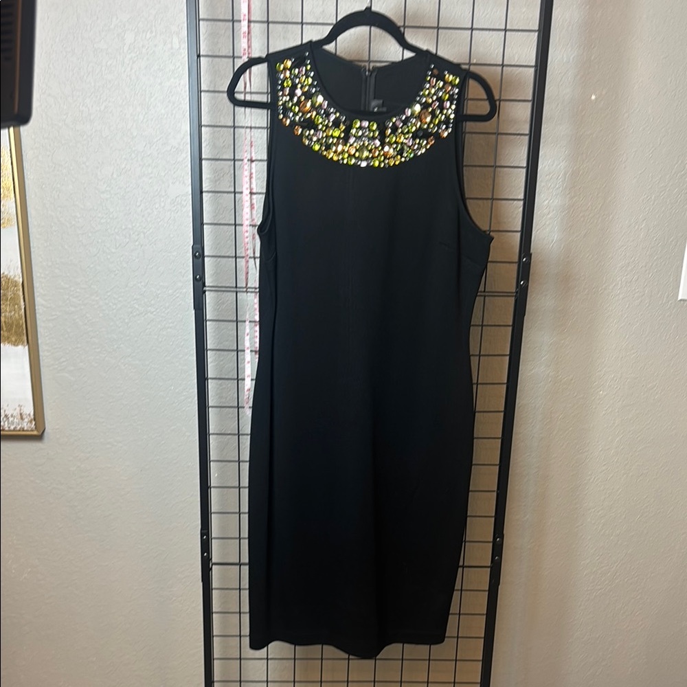 St. John Black Sleeveless Midi Dress with Jeweled Collar